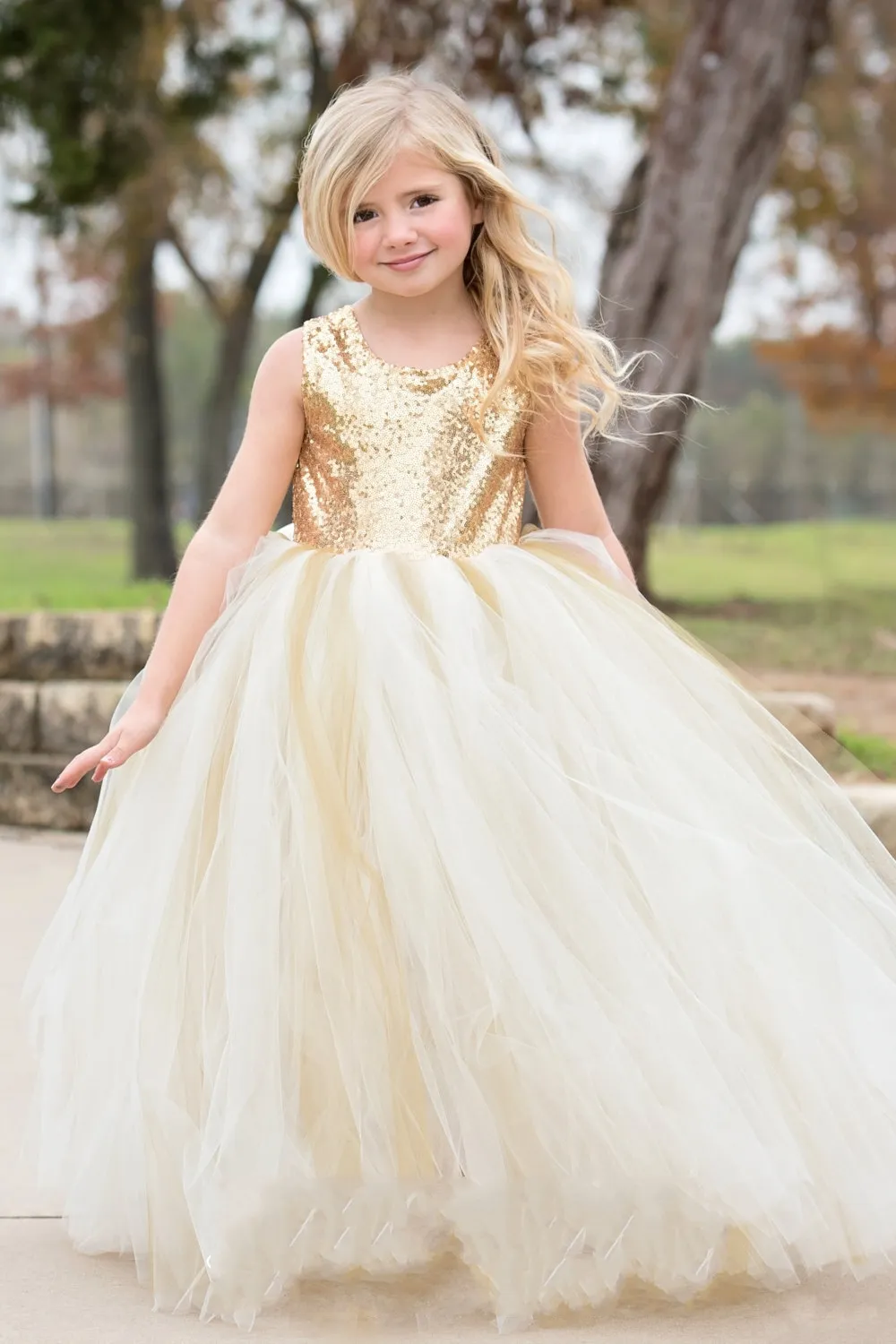 Ouro Lantejoulas Vestidos de Meninas 2017 com Jewel Neck e Tutu Saia Real Fotos Princesa Meninas Vestido de Aniversário Até O Chão