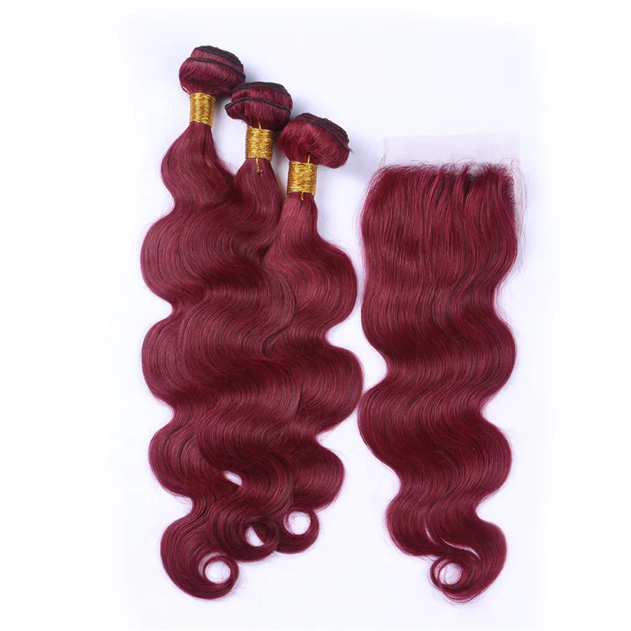 Capelli peruviani di grado 8A 99j con chiusura in pizzo 4 * 4 Onda del corpo bordeaux con chiusura Fasci di capelli umani rosso vino con chiusura Peso 340G