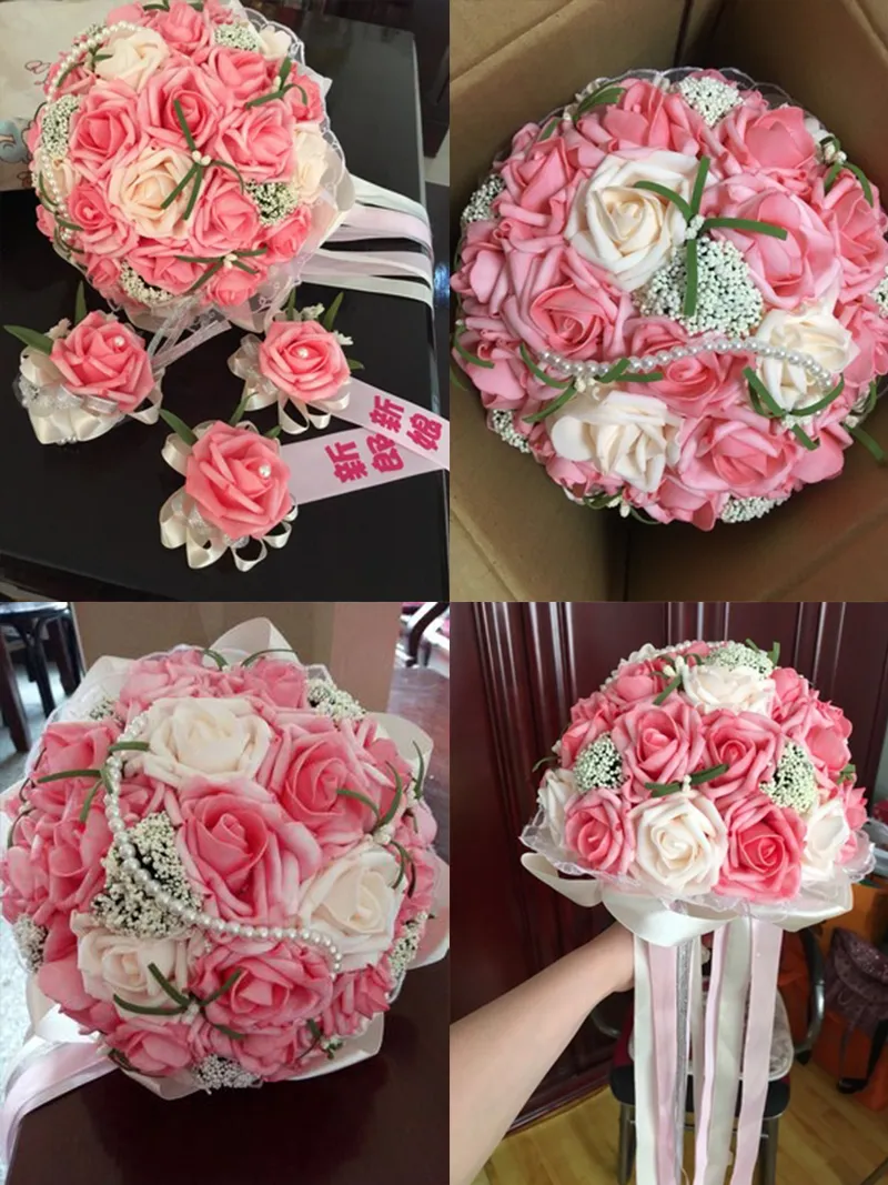2017 Pink Bridal Bouquet Flowers With Hand Made Flowers Foam Rose