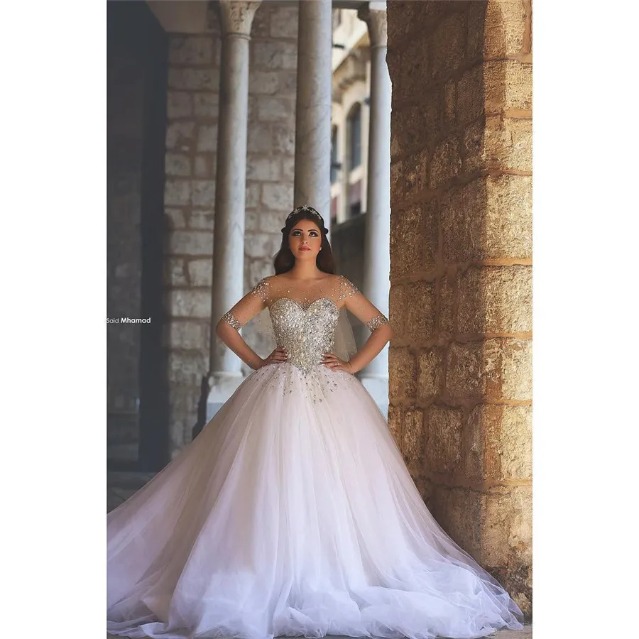 Saidmhamad Sheer Sweetheart Heavy Crystals Ball Gowns Long Sleeves Wedding Dress In Stock Bridal Dress vestido de noiva7691169