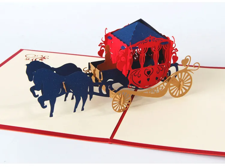 Tarjetas de felicitación del corte del láser de papel 3D creativo Hecho a mano Kirigami Wedding Lnvitations Love Carriage Tarjetas postales Festivos Fiesta Suministros