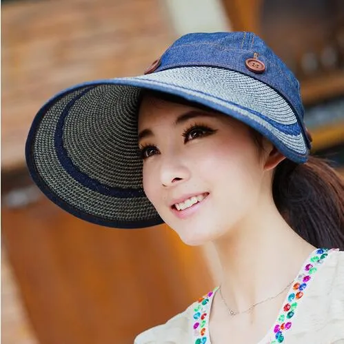 Donne Wide Large Brim Floppy Summer Beach Cappello da sole Cappello di paglia Button Cap Cappelli estivi donna Visiera anti-uv Cap Donna MO53