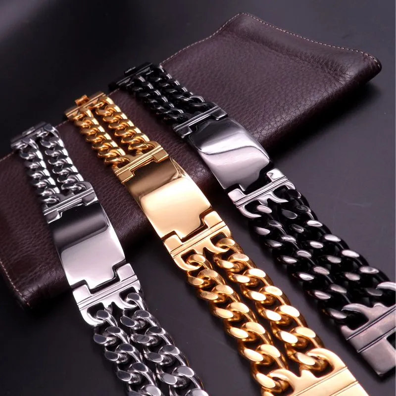 Best price hot selling Pure Stainless Steel silver/gold/black double curb chain Large ID Bracelet bangle men's jewelry 22mm 9 inch