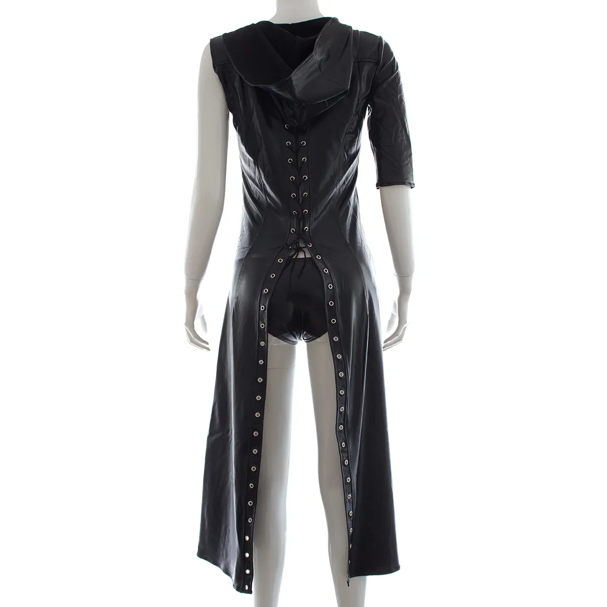 Vrouwen Faux Leren Hooded Lace-up Jurk Gothic Knight One Mouwjas Cloak Clubwear Halloween Fancy Dress