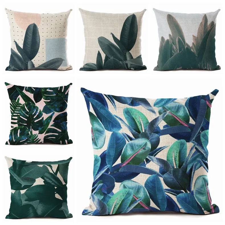 dark green cushion cover spring summer leaf throw pillow case for sofa couch pot plant almofada modern leaves home decoration