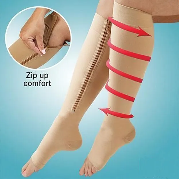 Zip Sox Zip-up Zippered Compression Knee Socks Stödjer Strumpor Ben Open Toe Hot Shaper Black and Beige av DHL / 