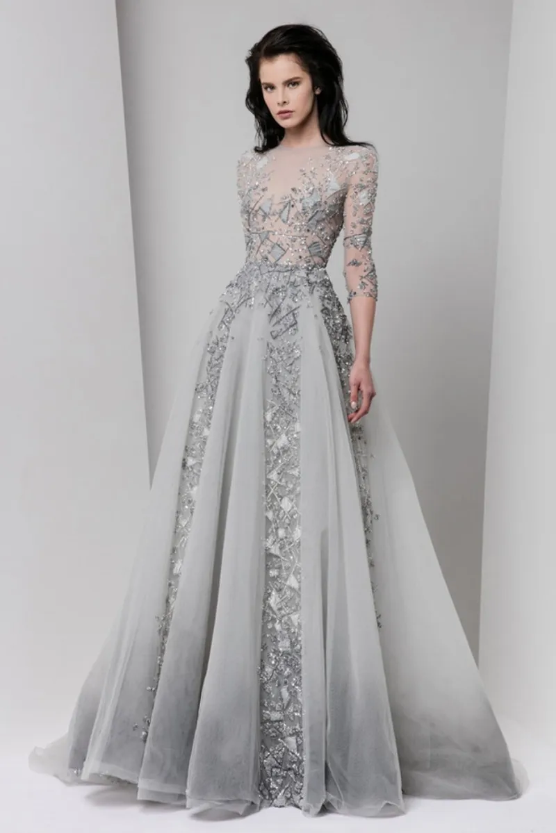 Tony Ward 2019 Vestidos de fiesta largos de plata Cuentas de lujo Apliques Joya Escote Vestidos de noche Lentejuelas Ilusi n Corpi o Vestido de fiesta