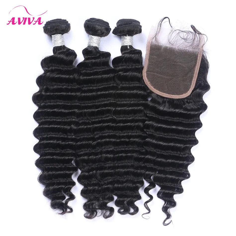 4pcs / lot malaisien vague profonde vierge cheveux humains tisse avec fermeture 4 * 4taille fermeture de dentelle avec 3 faisceaux non transformés malaisiens cheveux bouclés profonds