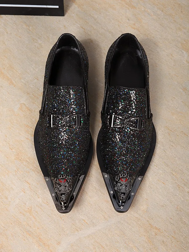 Мужские кожаные ботинки платья Metallic Toe Мужская обувь Блеск неподдельной кожи Свадебная обувь для мужчин