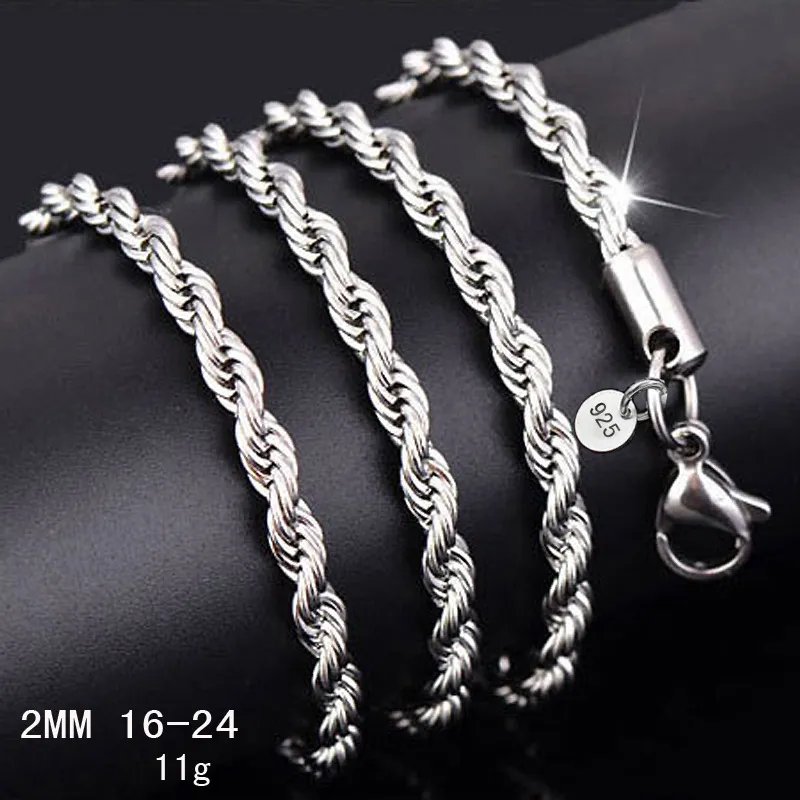 Toppkvalitet 925 Sterling Silver Män Kvinnor Twist Rope Chain Halsband 2mm 16inch / 18inch / 20inch / 22inch / 24inch