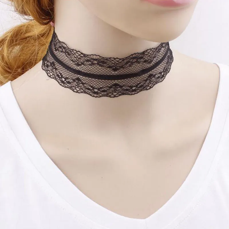 Black White Plain Lace Choker Necklace Gothic Vintage Wide Ribbon Handmade Neckless Jewelry Collar Nacklace For Women