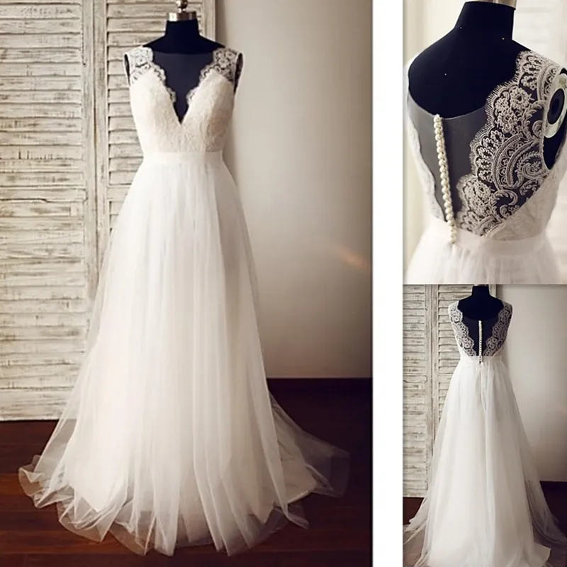Real Photo Cheap Wedding Dresses A Line Deep V Neck Tulle Appliques ...
