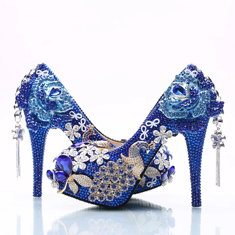 Underbara rhinestone bröllopskor blå kristall brudklänning skor blomma och phoenix plattform klackar Cinderella prom pumpar
