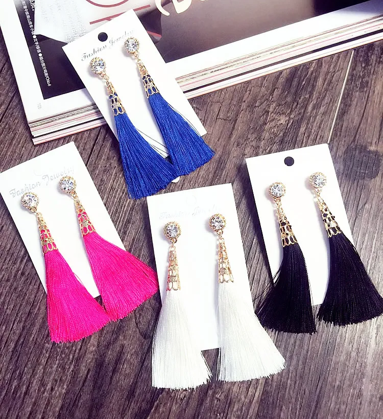 Thread Long Tassel Earrings Rhinestone Drop Statement Fringe Earrings for Women Luxury Tear Drop Earrings European Rhinestone Tassel Dangle