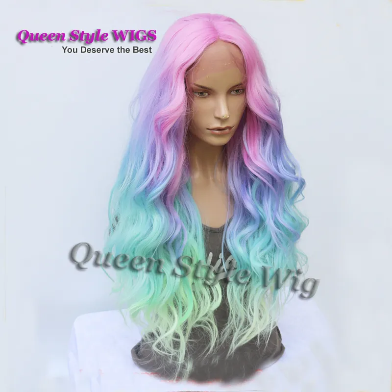 Sjöjungfru pastell regnbåge hår peruk syntetisk regnbåge färg rosa lila blå fluorescerande grön ombre hår spets front peruk sjöjungfru cos9373712