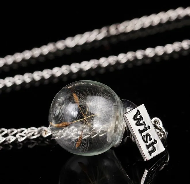 Collar de botellas de vidrio Semillas de diente de león natural en un collar largo de cristal Haga un deseo de cristal Bead Orb Plateado Collar de plata Joyería G125