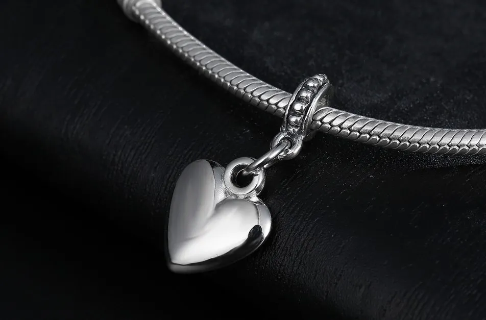 Ajuste pulsera de plata esterlina superficie lisa corazón cuelga encantos colgante cuentas de encanto europeo ajuste pulsera de cadena de serpiente DIY brazalete joyería