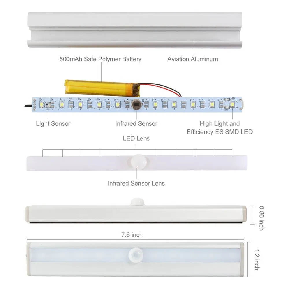 Barre lumineuse LED avec capteur Rechargeable USB, 10 lumières sans fil, détection de mouvement PIR, nuit murale, avec adhésif partout dans la garde-robe