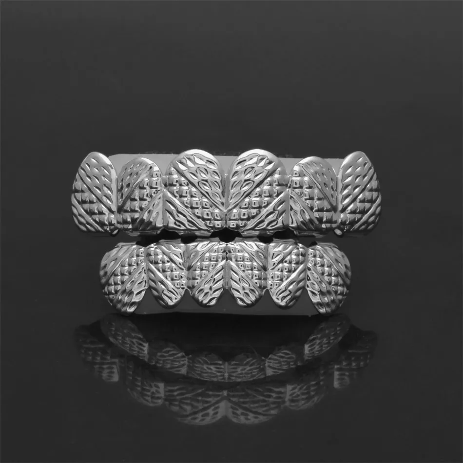 Novo ouro real banhado a prata HIP HOP forma de treliça Teeth Grillz Top Bootom Groll conjunto com silicone moda festa jóias