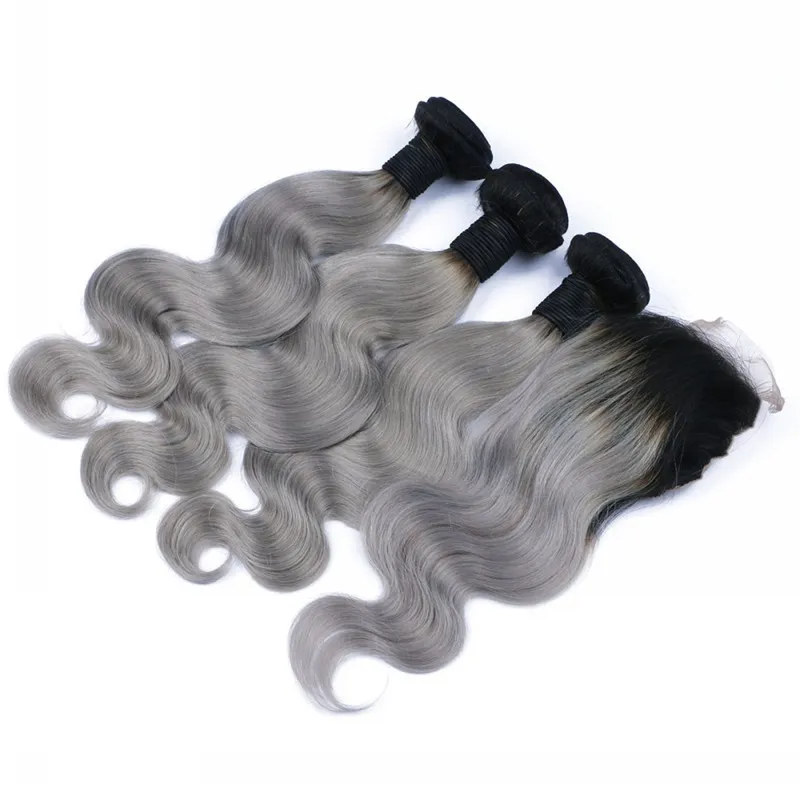Ombre Body Wave Hårbuntar med stängning Brasiliansk Virgin Hair Dark Root # 1b Grå hårväft med stängning 4x4 / mycket