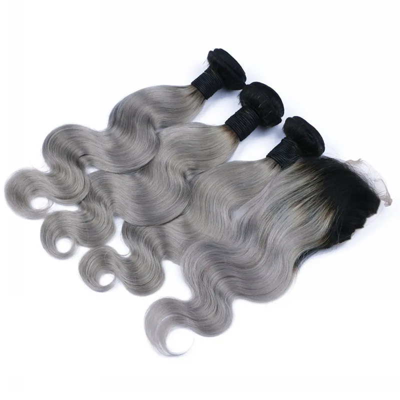 Fasci di capelli dell'onda del corpo di Ombre con chiusura Capelli vergini brasiliani Radice scura # 1B Trama di capelli grigi con chiusura 4x4 4 Pz / lotto