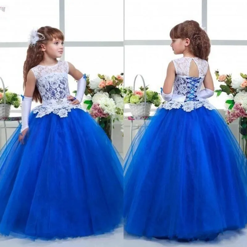 Incrível 2017 Últimos vestidos de pageant para adolescentes jóia pescoço branco renda coberta corpete royal azul organza vestido de baile saia menina vestidos formais