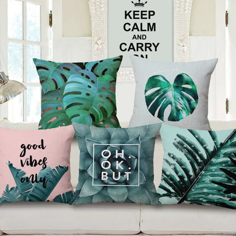 tropical plantas cushion cover green foliage throw pillow case for sofa couch cactus almofada palm leaves cojines home decor