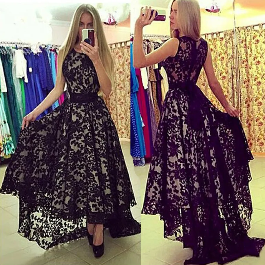 Jewel Hals Black Lace mouwen Hoog Laag Prom Dresses met Sash Avondjurk vestidos de Formatura longo