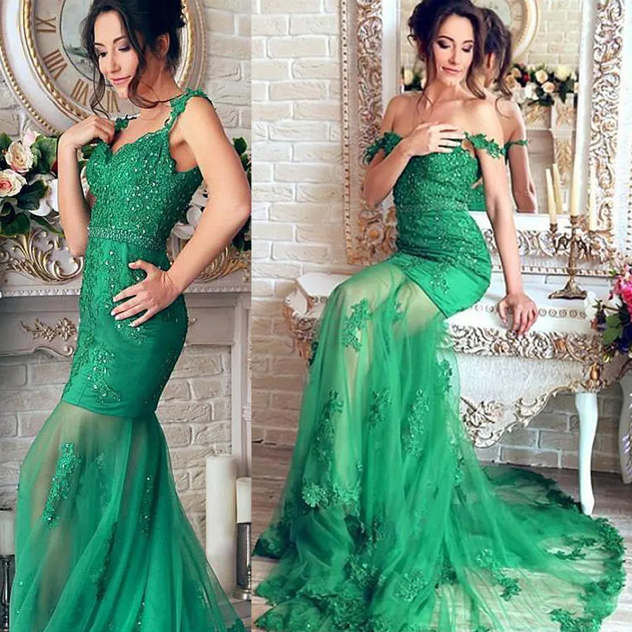 Correas espaguetis escote sirena vestidos de noche con apliques de encaje con cuentas cinturón verde transparente vestido de fiesta vestidos de fiesta tallas