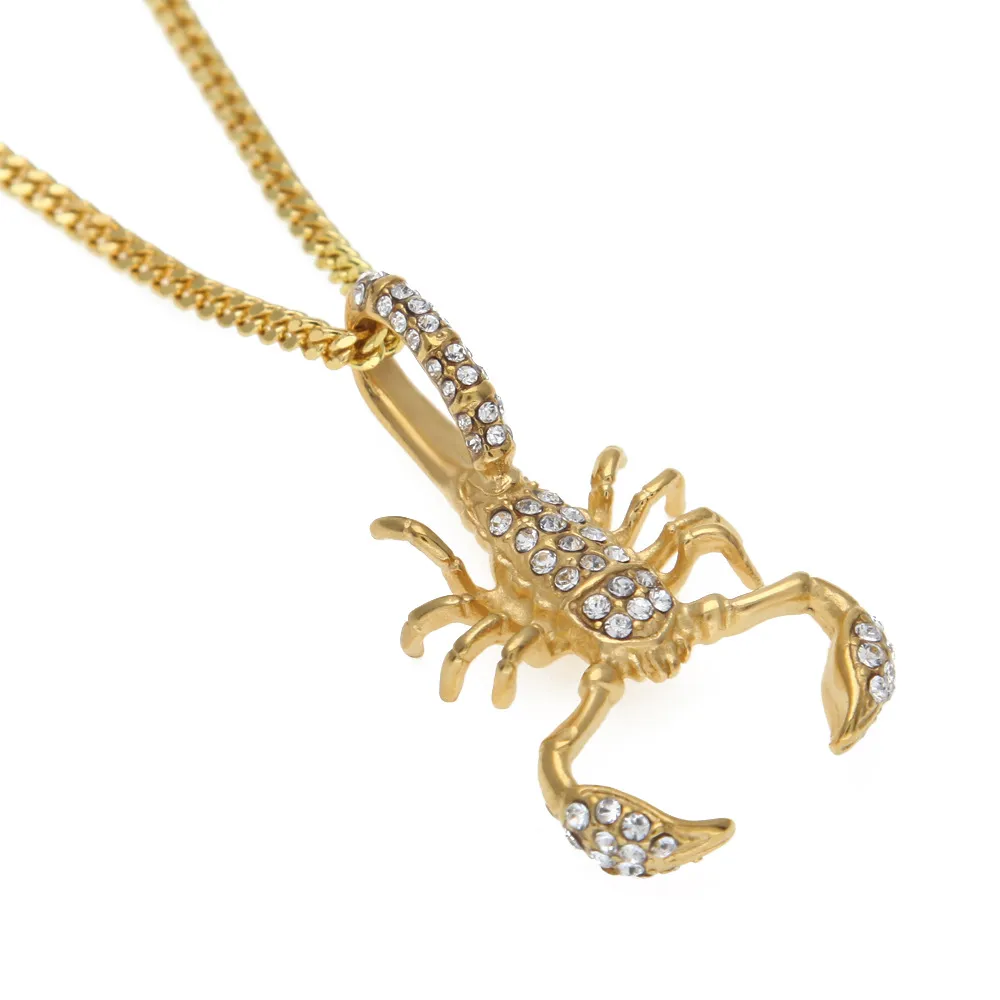 ciondolo scorpione in acciaio inossidabile ghiacciato color oro collana con ciondolo animale con strass ghiacciato moda gioielli hip hop295B
