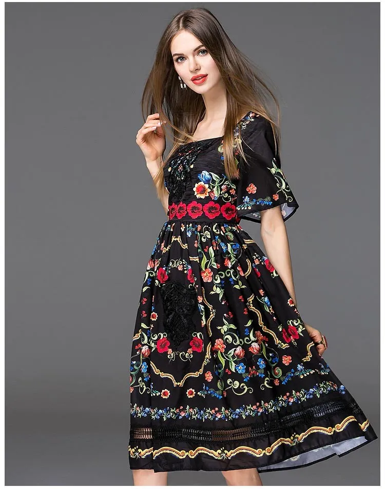 High Quality New Arrival 2018 Women's Square Neckline Short Sleeves Floral Printed Embroidery Elegant Runway Dresses in 