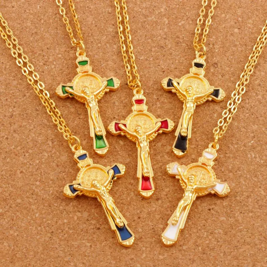5Colors Enamel Cristo Redentor Benedict Medal Crucifix Pendant Necklaces 24 inches Chains Gold Catholicism Plated Cross N1670-G 20pcs/lot