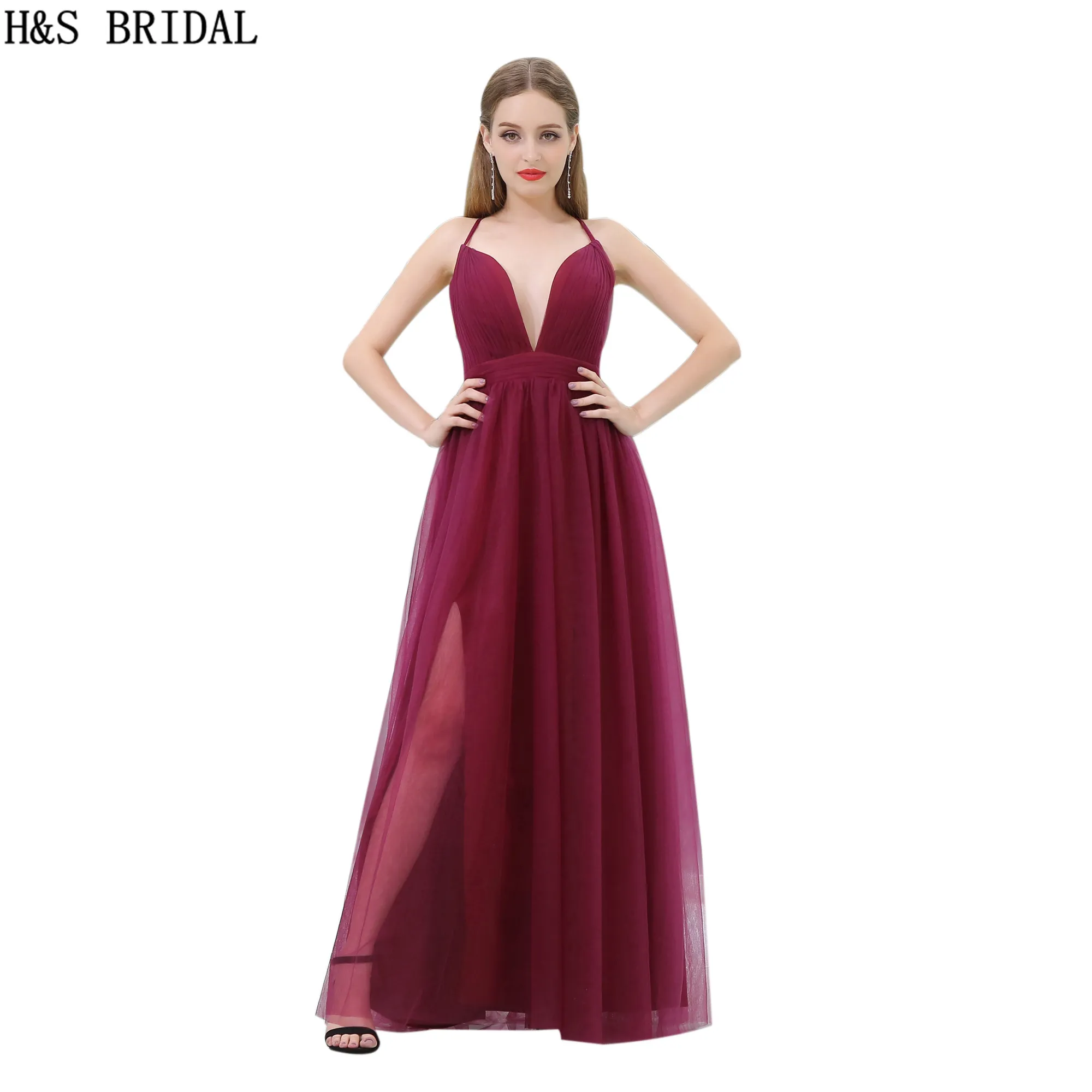 Tule Vermelho escuro Barato Vestidos de Noite Decote Em V Fina Cintas Sexy Borgonha Prom Party Vestidos B015