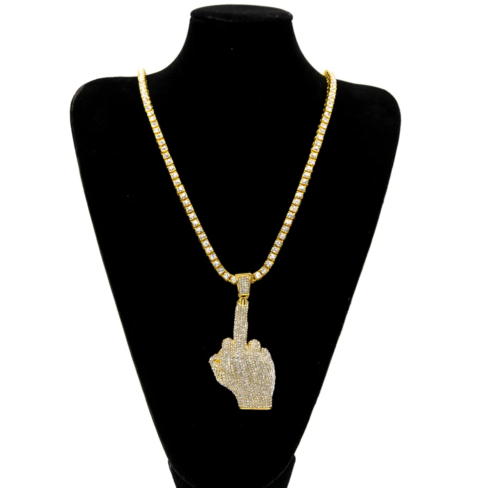 Luxury Full Iced Out Rhinestones Middle Finger Hand Pendant With 1 Row Tennis Chain And 6mm Rope Necklace Men