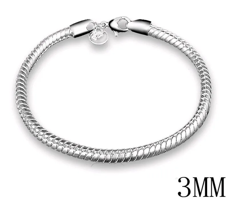 20 cm ormkedja armband 3MM 4MM hummerlås med 925 stämpel Silverpläterade armband passar Charms Beads Partihandel