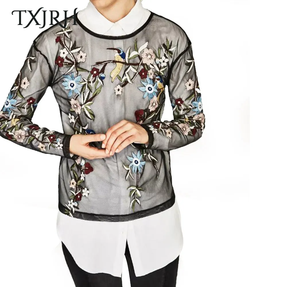 Wholesale- TXJRH Sexy Floral Pattern Embroidery Mesh Perspective O-Neck Pullover T-Shirt Slim Women Long Sleeve Tee Tops 2 Color SY17-02-29