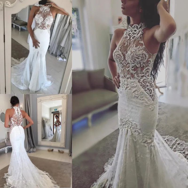 Koronkowa Halter See Through Sukienki ślubne Sexy Bez Rękawów Sheer Back Zadłany Przyciski Mermaid Suknie Ślubne Sweep Pociąg Wedding Vestidos