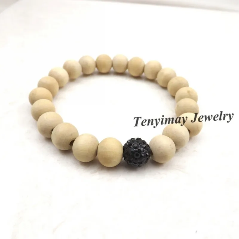 Stretchy 10mm Original Farbe Holz Perlen Armband mit einem schwarzen Strass Bead für Geschenk Pack von 