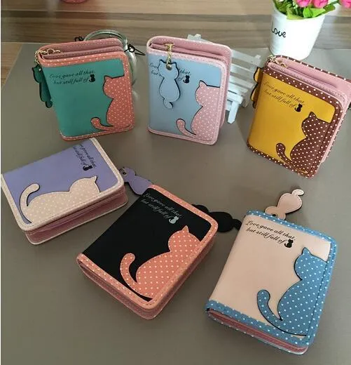 Partihandel Tecknad Kvinnor Kort Design Katt Plånbok Söt Ladies Purse Läder Plånbok Korthållare Gratis frakt