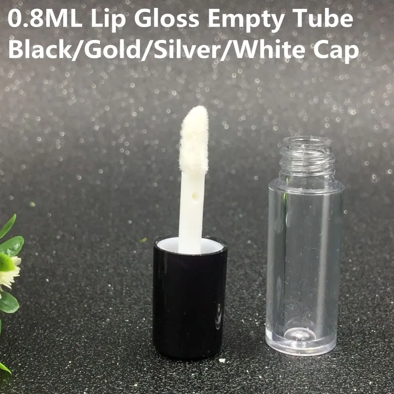 0.8 ML Mini Vuoto Trasparente Lip Gloss Tubo 50x13mm Nero Argento Oro Tappo di Plastica Balsamo per le labbra bottiglia di Rossetto Contenitore Regalo Campione