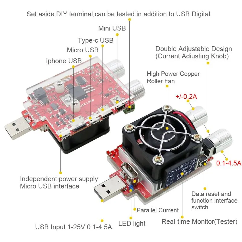 Freeshipping 6 sztuk / partia 35W Tester USB DC Elektroniczny ładunek Regulowany Stały Obecny Odporność Zdusty Pojemność Napięcia Miernik akumulatora