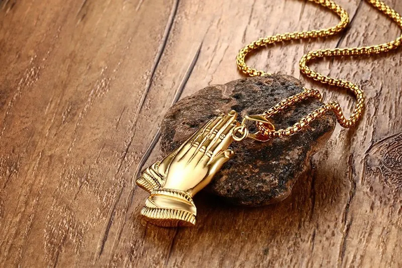 Homens tom de ouro PRAYER mão pingente colares jóias de aço inoxidável com 24 
