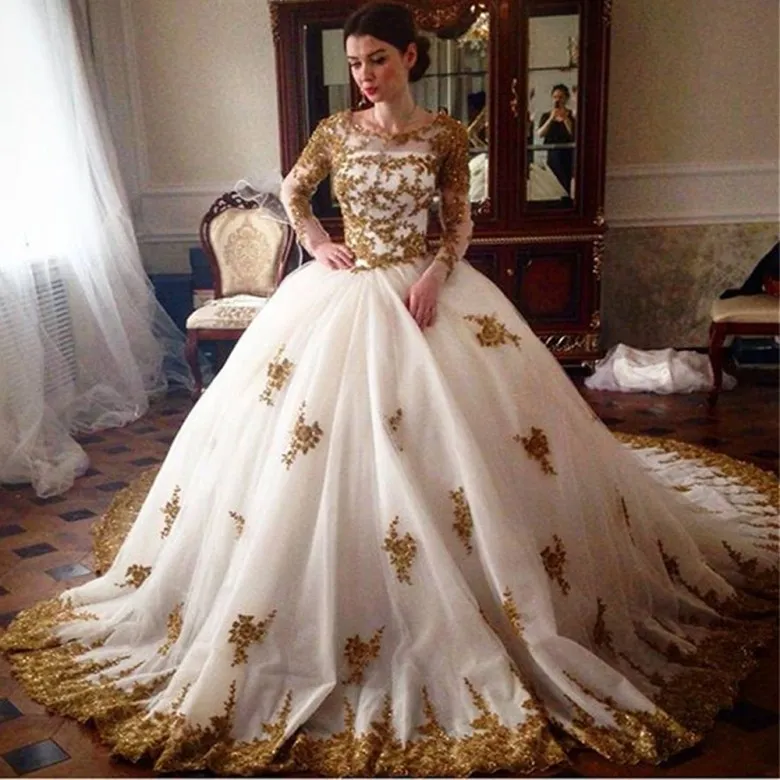 White and Gold Appliqued Wedding Dress Ball Gown with Scoop Neck and Long  Sleeves, Puffy Skirt, 2017 Bridal Gown