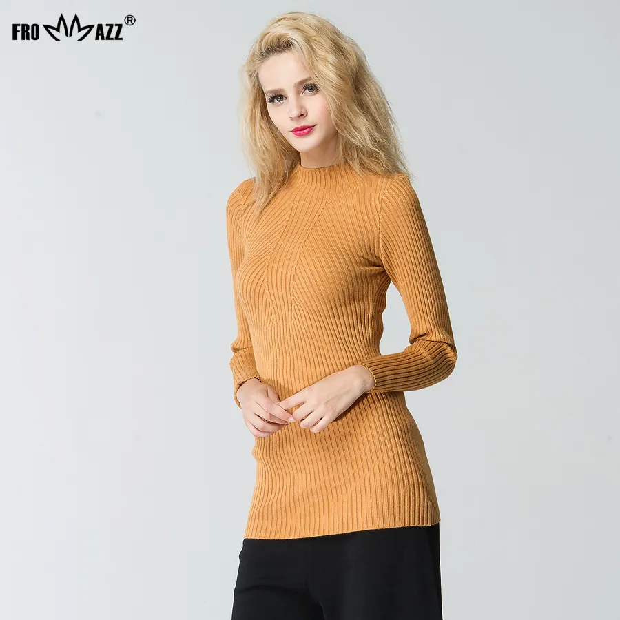 Hurtownie- Frommazz 2016 Jesień Zima Moda Kobiety Lady Sweter Wysoka Elastyczność Solidna Turleneck Slim Seksowny Dziwany Pullover FS16070