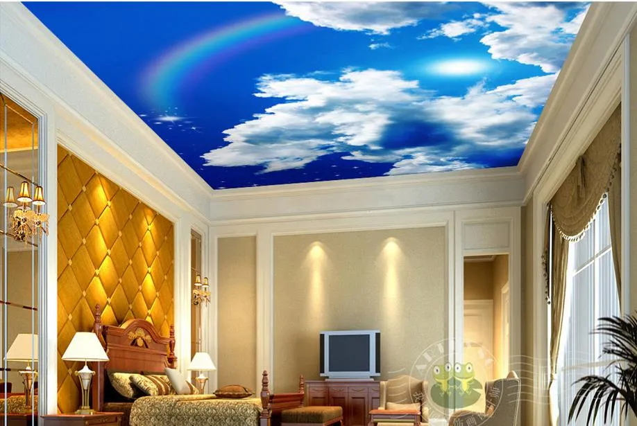 3D天井カスタム3Dブルースカイホワイトクラウドサンレインボースターズ天井の空の壁紙3D壁紙リビングルームの壁紙天井3204145