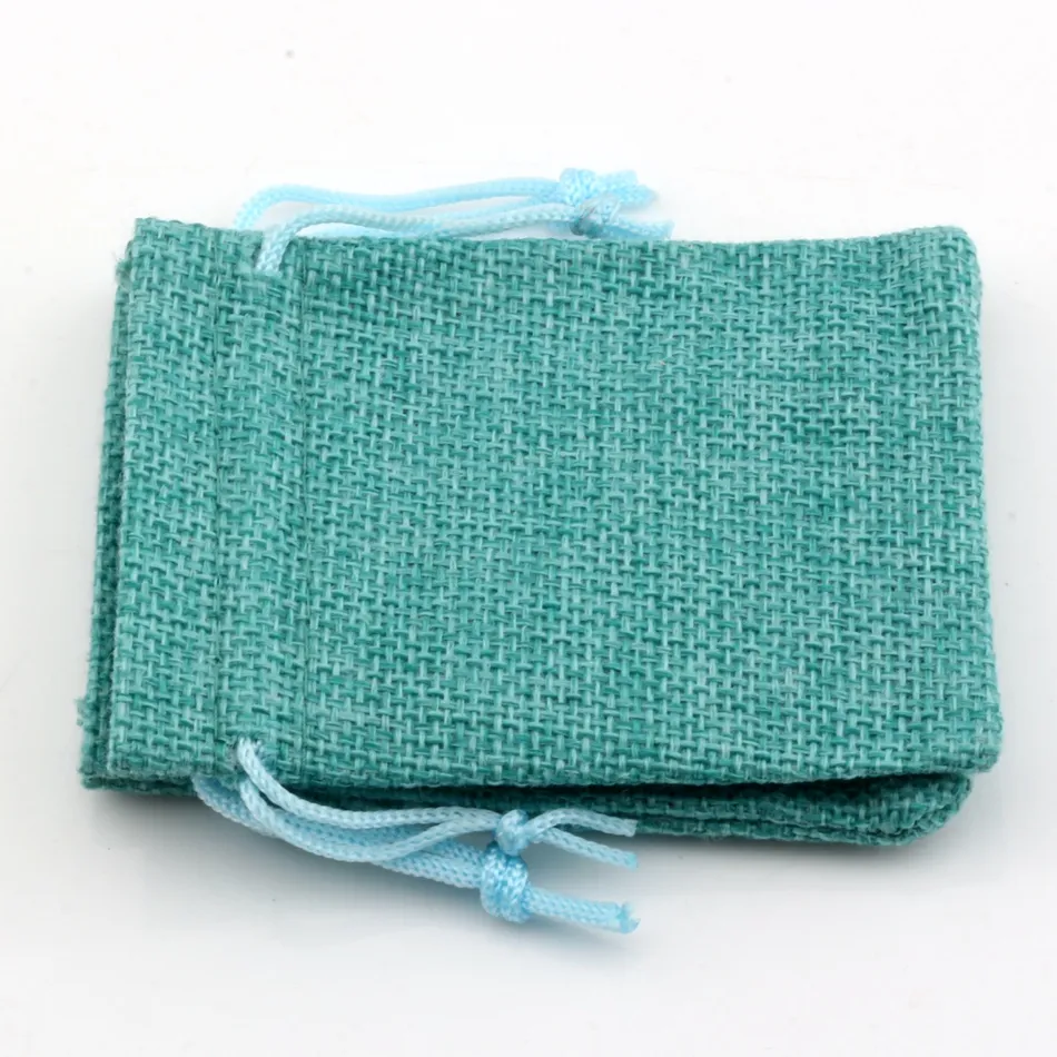 Sacs à cordon en tissu de lin pochettes cadeaux pour bijoux et bonbons, sacs en toile de Jute 7x9cm / 10x14cm / 13x18cm couleur Turquoise