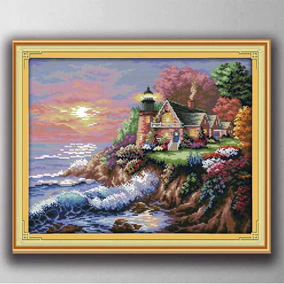 The seaside lighthouse scenery Handmade Cross Stitch Craft Tools Embroidery Needlework sets counted print on canvas DMC 14CT /11CT