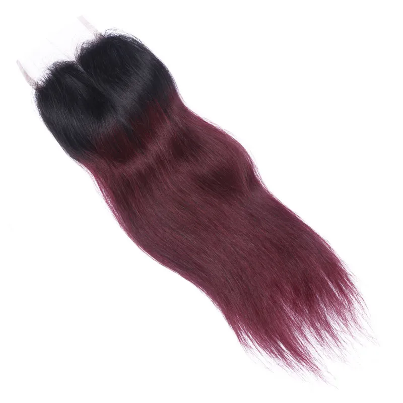 Tessuto di capelli umani Ombre bordeaux malese con chiusura in pizzo 4x4 dritto 1B / 99J Radice scura vino rosso Ombre chiusura in pizzo con 3 pacchi