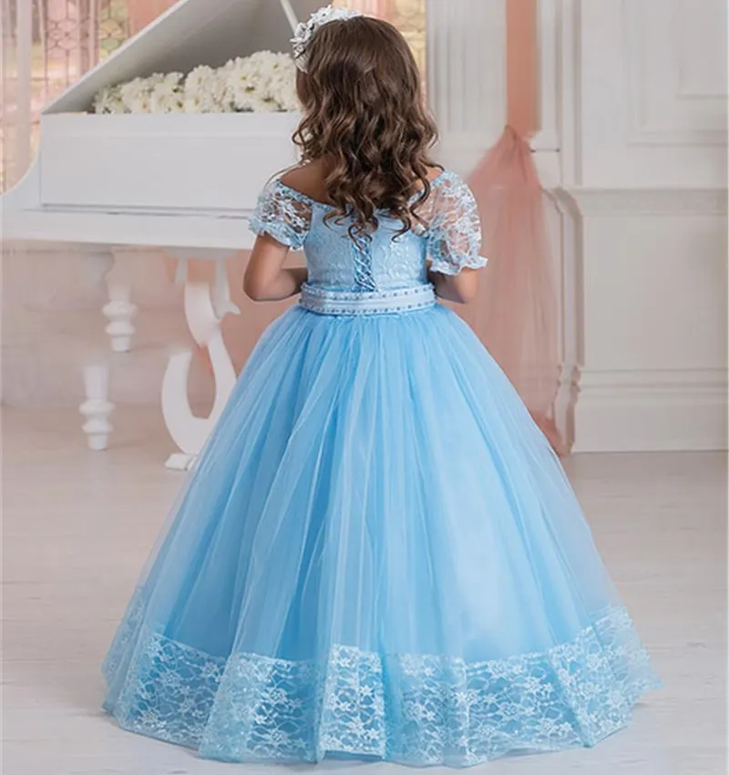 Beautiful Lace Flower Girls Dresses For Weddings Illusion Neckline Sashed First Communion Dress Ankle Length A-Line Pageant Gowns