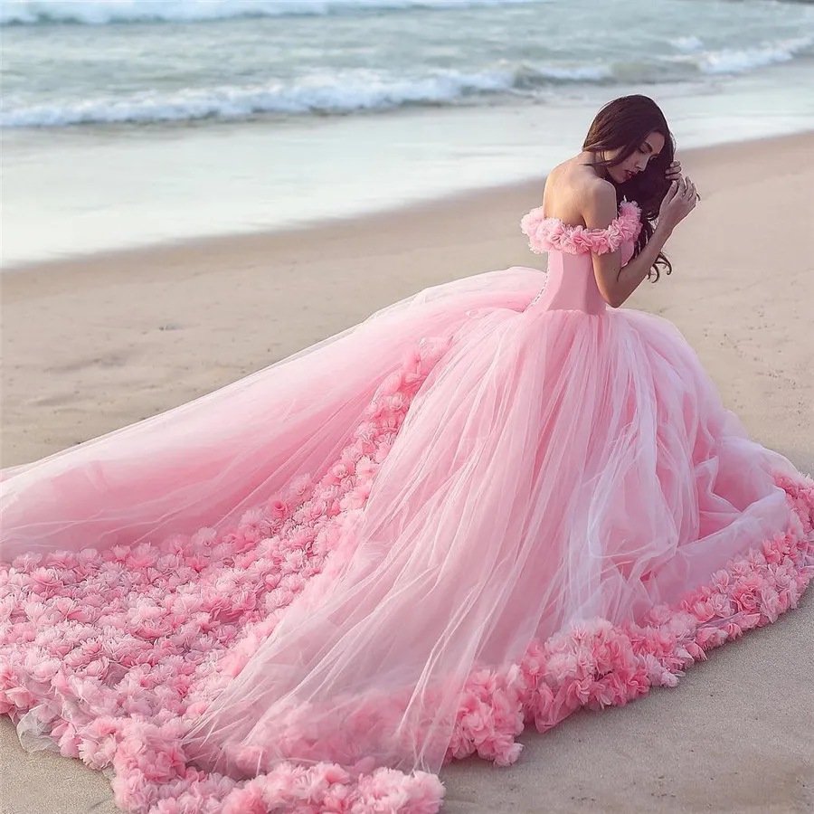 Saidmhamad Off The Shoulder Hand Made Flowers Pink Ball Gowns Beach Bridal Dress with Color Wedding Dress Vestidos de Noiva7977531